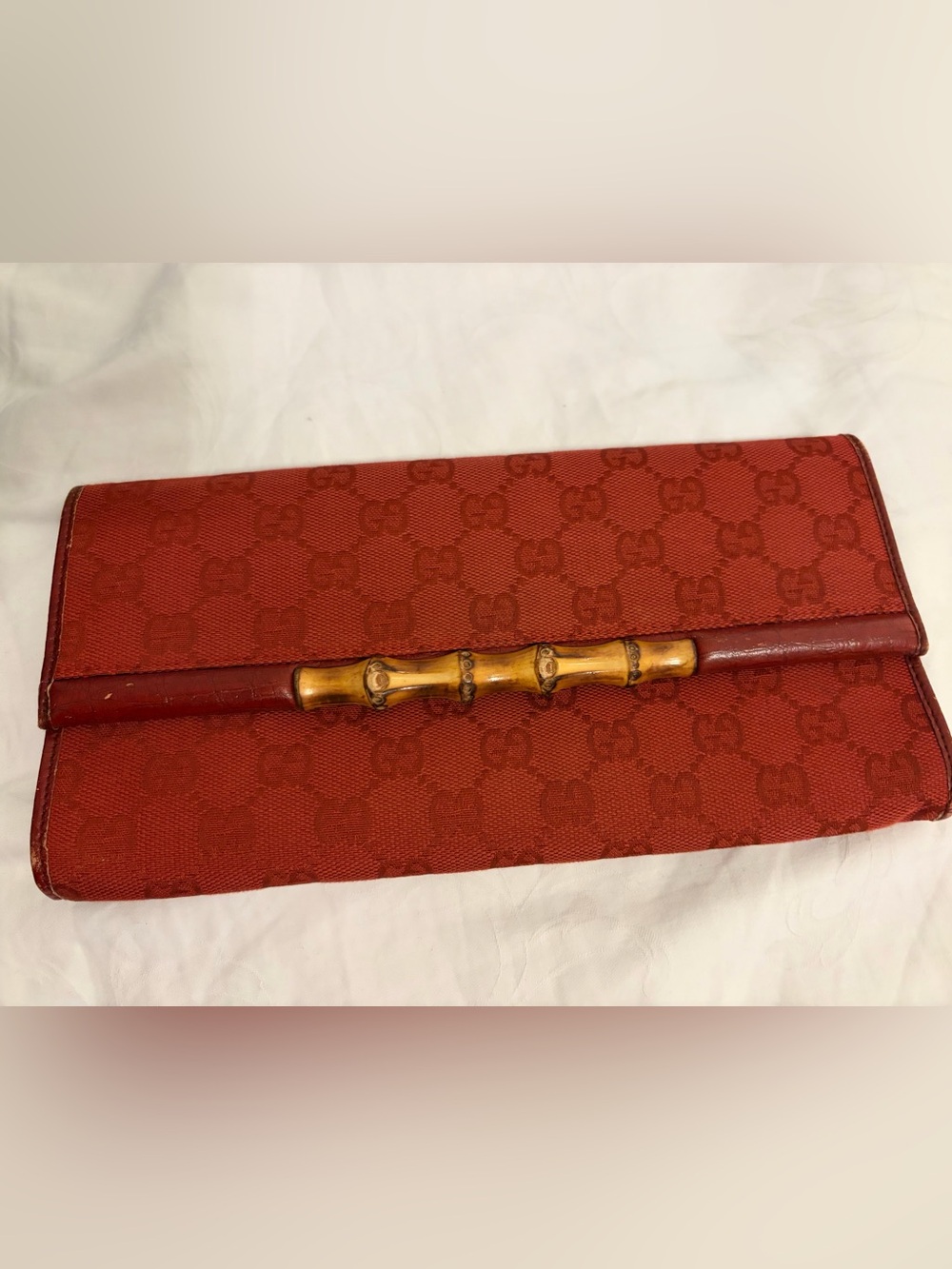 Gucci Red GG Canvas Clutch with Bamboo Accent